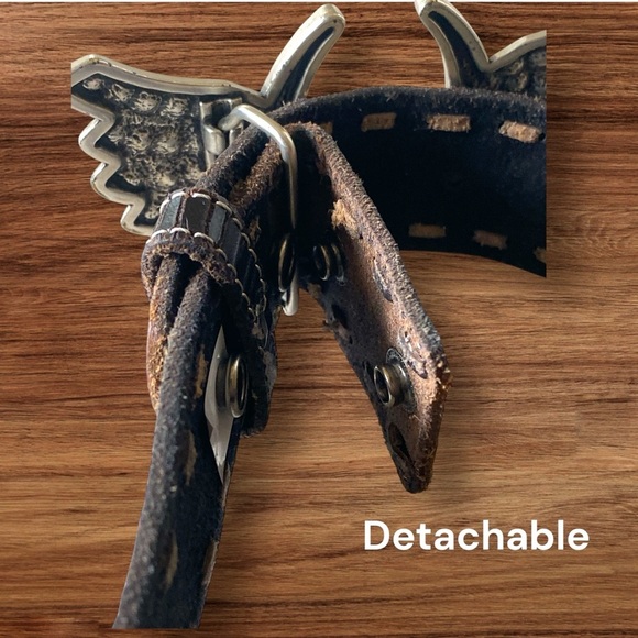 Vintage Etched Leather Rhinestone Horseshoe Black Belt w/Detachable Hardware XL - Picture 4 of 10